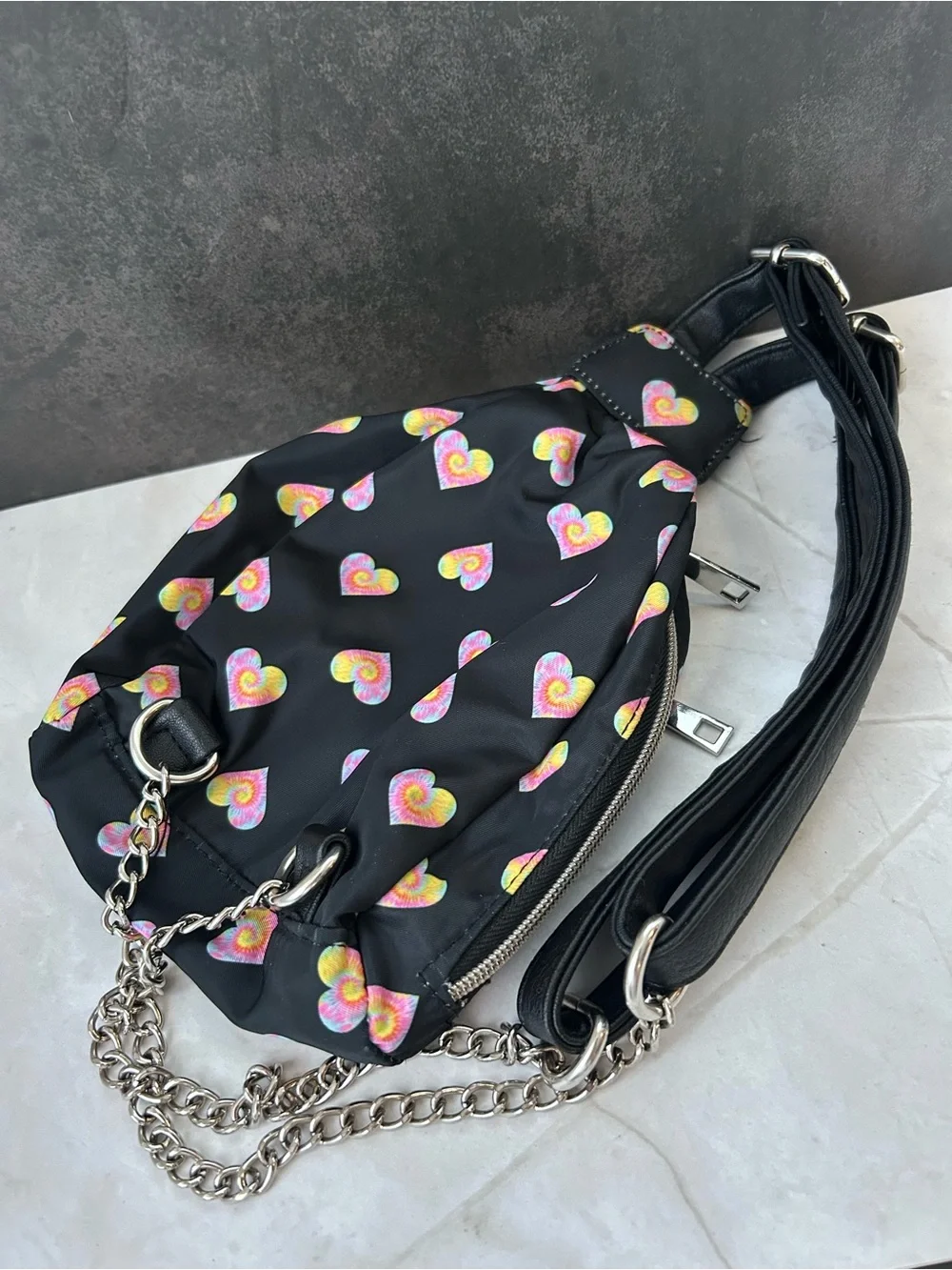 Black Heart Print Crossbody Sling Bag